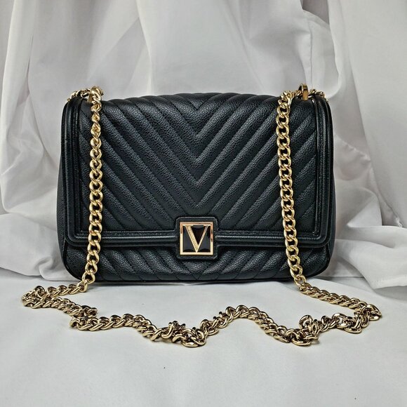 Victorias Secret Black Quilted Shoulder Bag With Gold Chain Strap Faux Leather - Picture 15 of 16